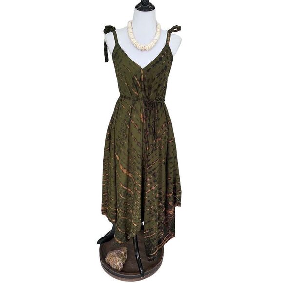 -The Pō`alima Romper  ‘Ohe Green Tan V-Neck Shoulder Tie Romper Boho Gyps… - Picture 3 of 9